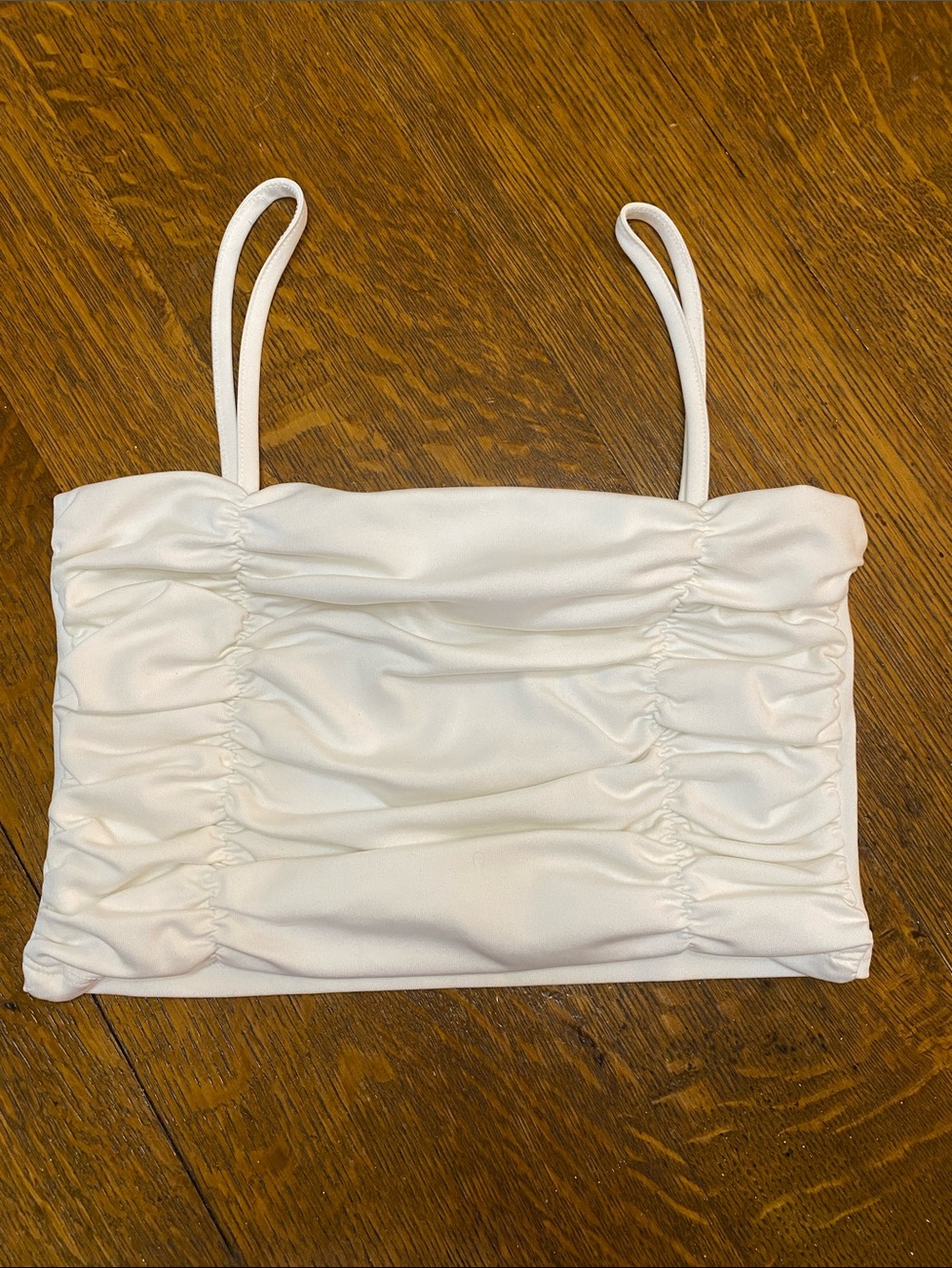 White Ruched Crop Tank Top w Spaghetti Straps Made in Turkey size womens small